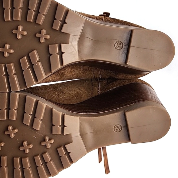 Fabianelli Tan Suede Lined Ankle Boots Almond Toe Stacked Wedge Sole Size 39 - Picture 14 of 16